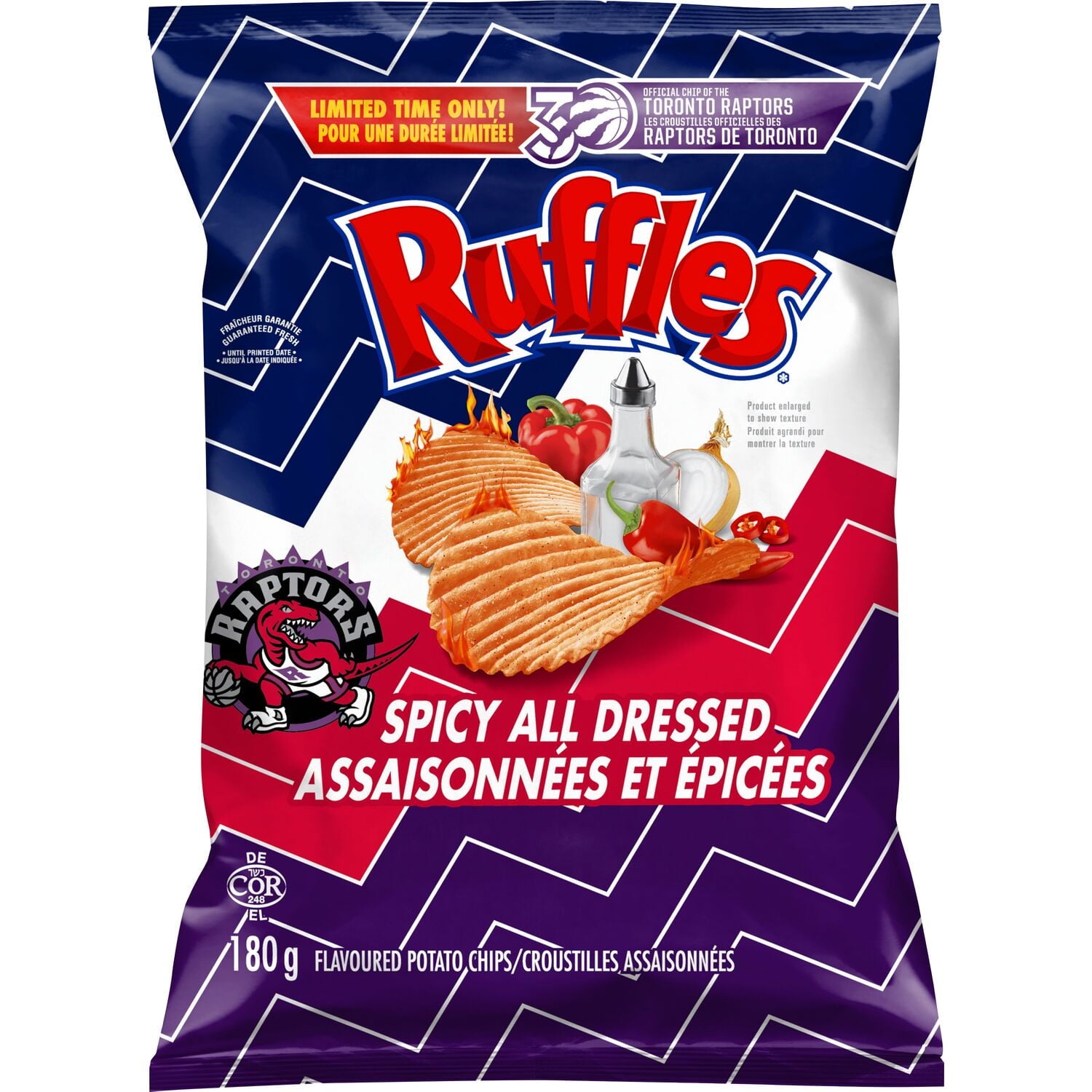Front of Ruffles Spicy All-Dressed Potato Chips, 180g/6.3 oz., Bag