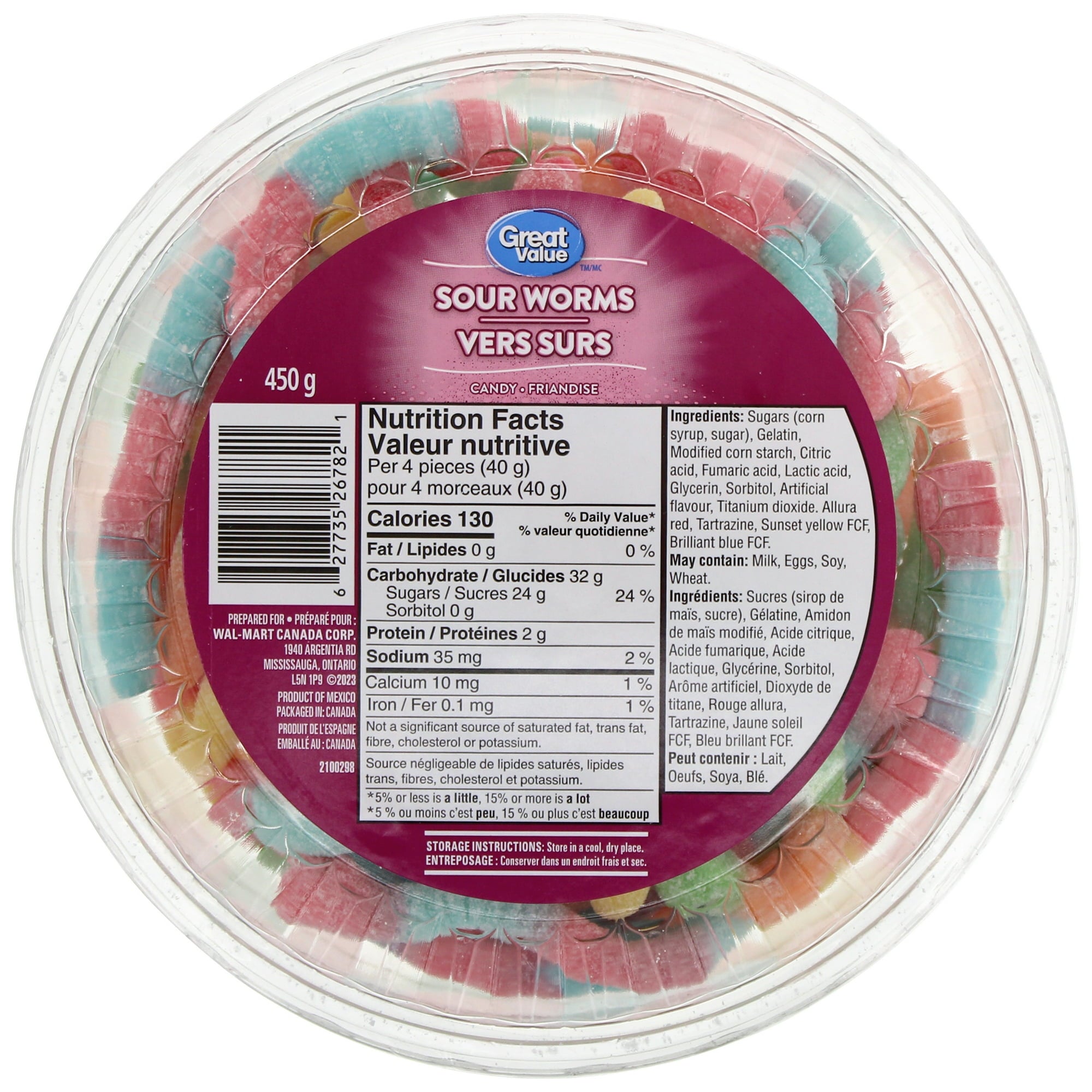 Great Value Sour Worms Gummy Candy, 450g/15.9 oz., Tub, front of tub.