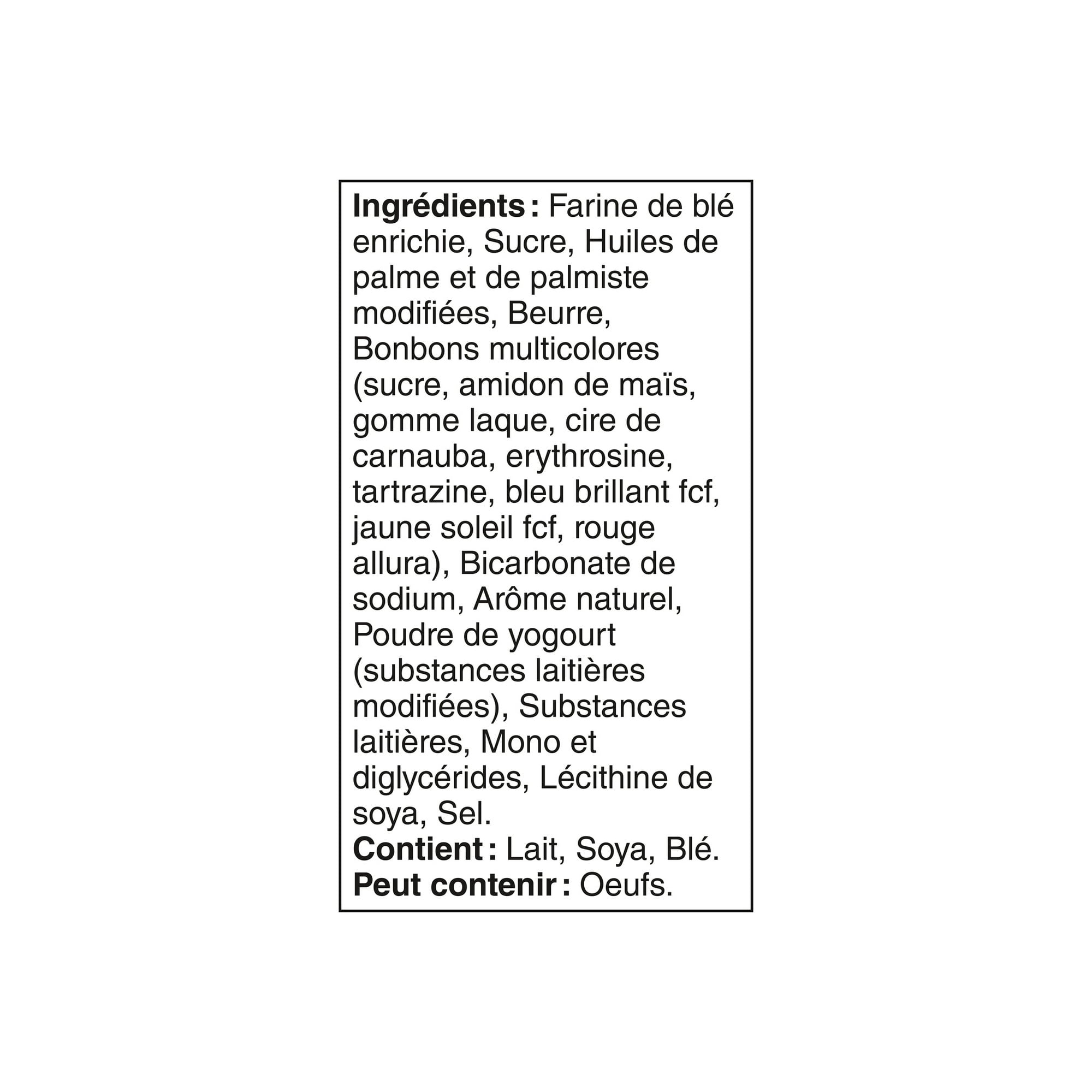 Ingredients list in French for Leclerc Celebration Birthday Cake Mini Cookies, 200g/7.05 oz on a white background