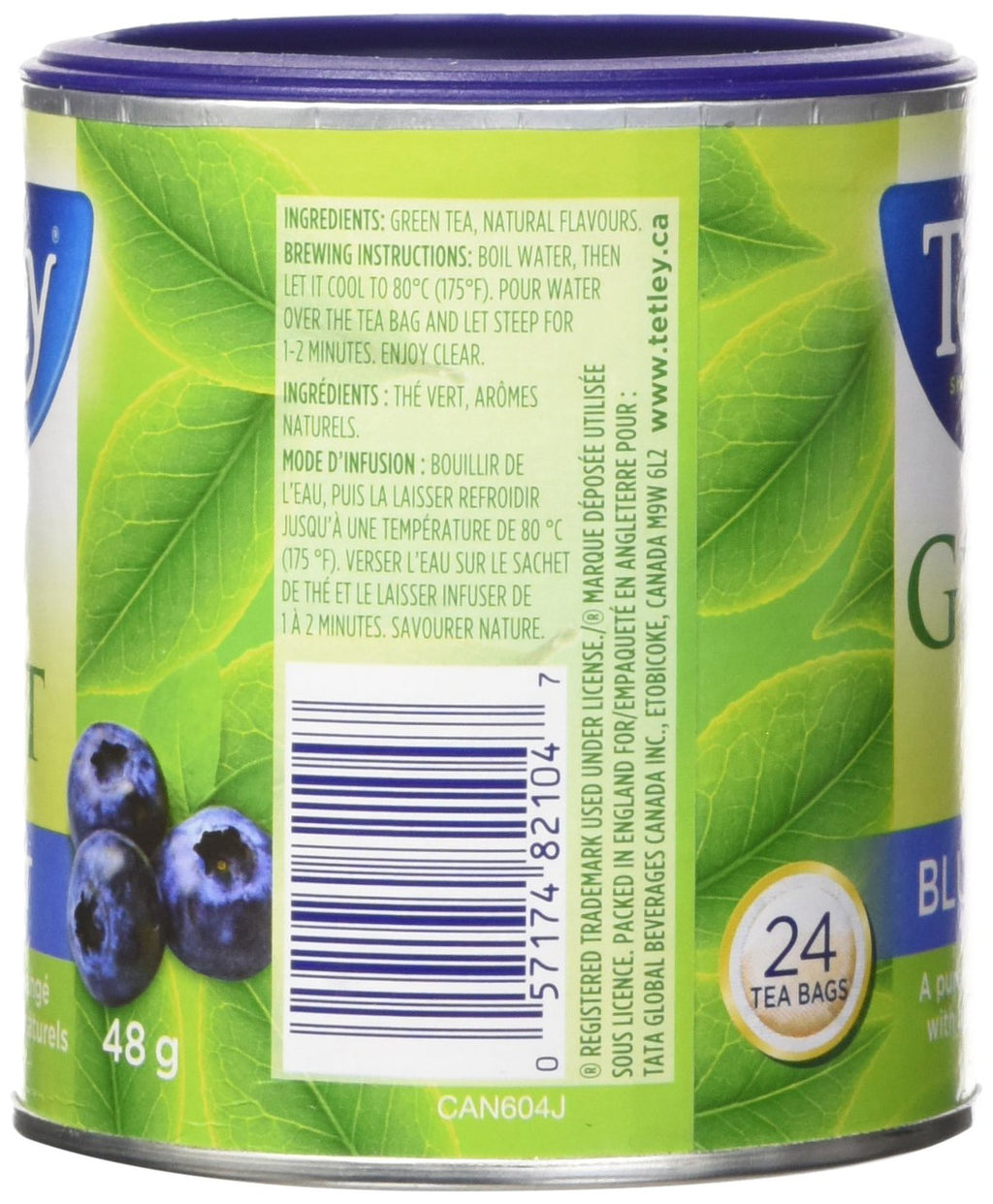 Tetley Tea Blueberry Green Tea, 24ct, 48g/1.7oz. (Imported from Canada)