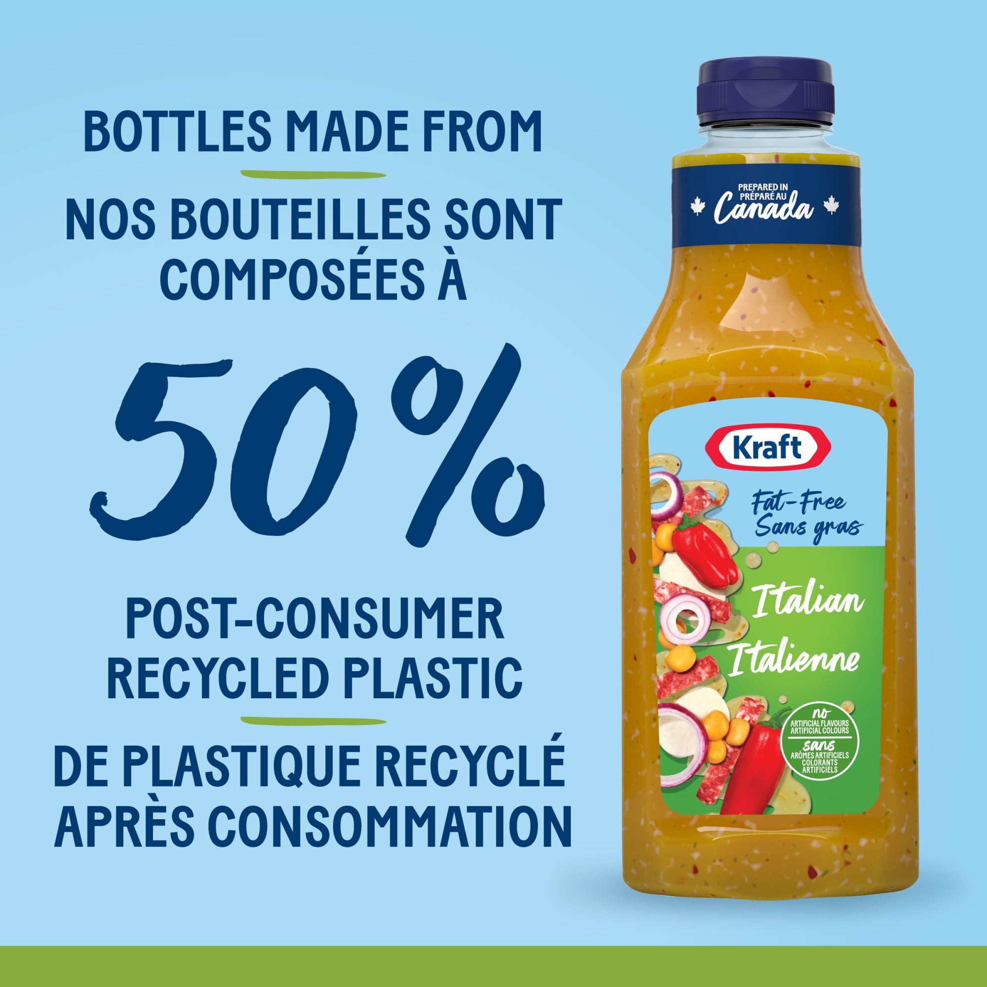 Bottles made from 50% post-consumer recycled plastic label