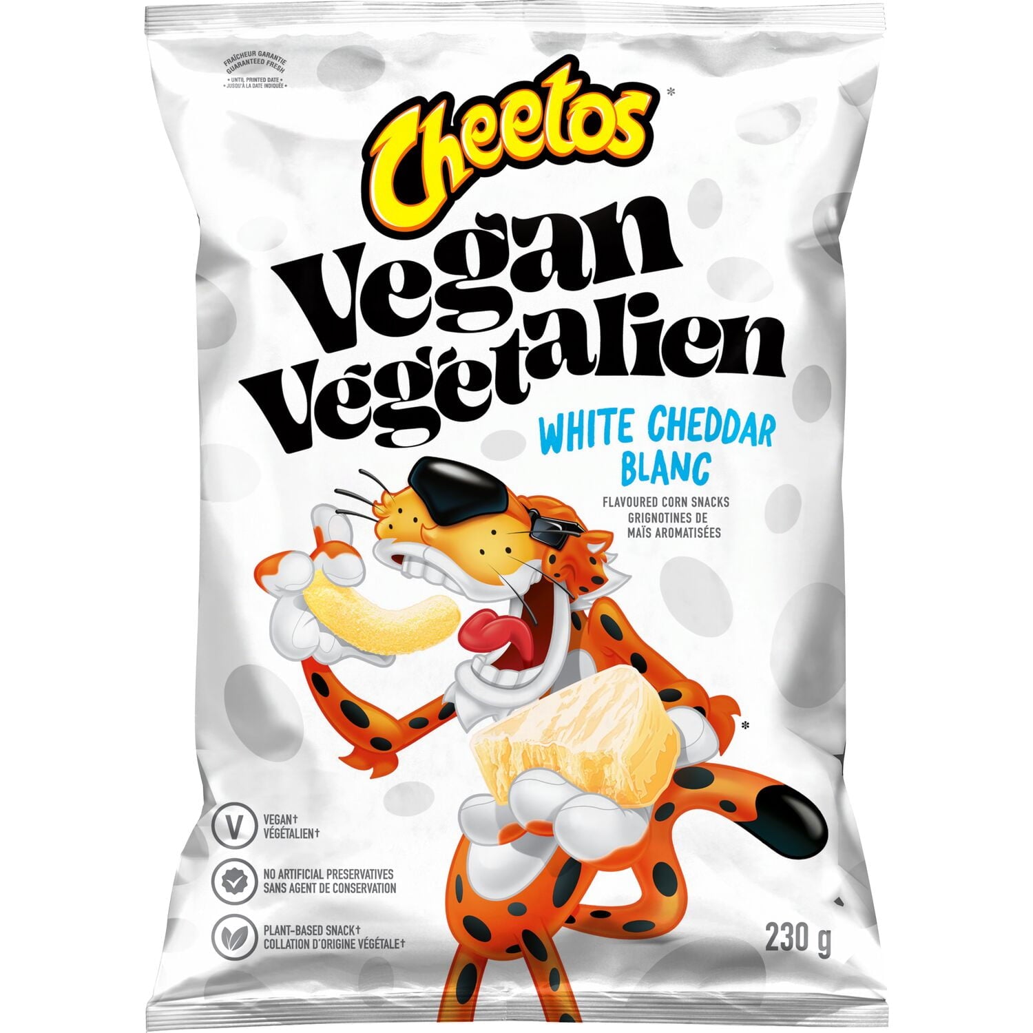 Cheetos Vegan White Cheddar Flavored Corn Snacks, 230g/8.1 oz with cartoon cat design on a white background