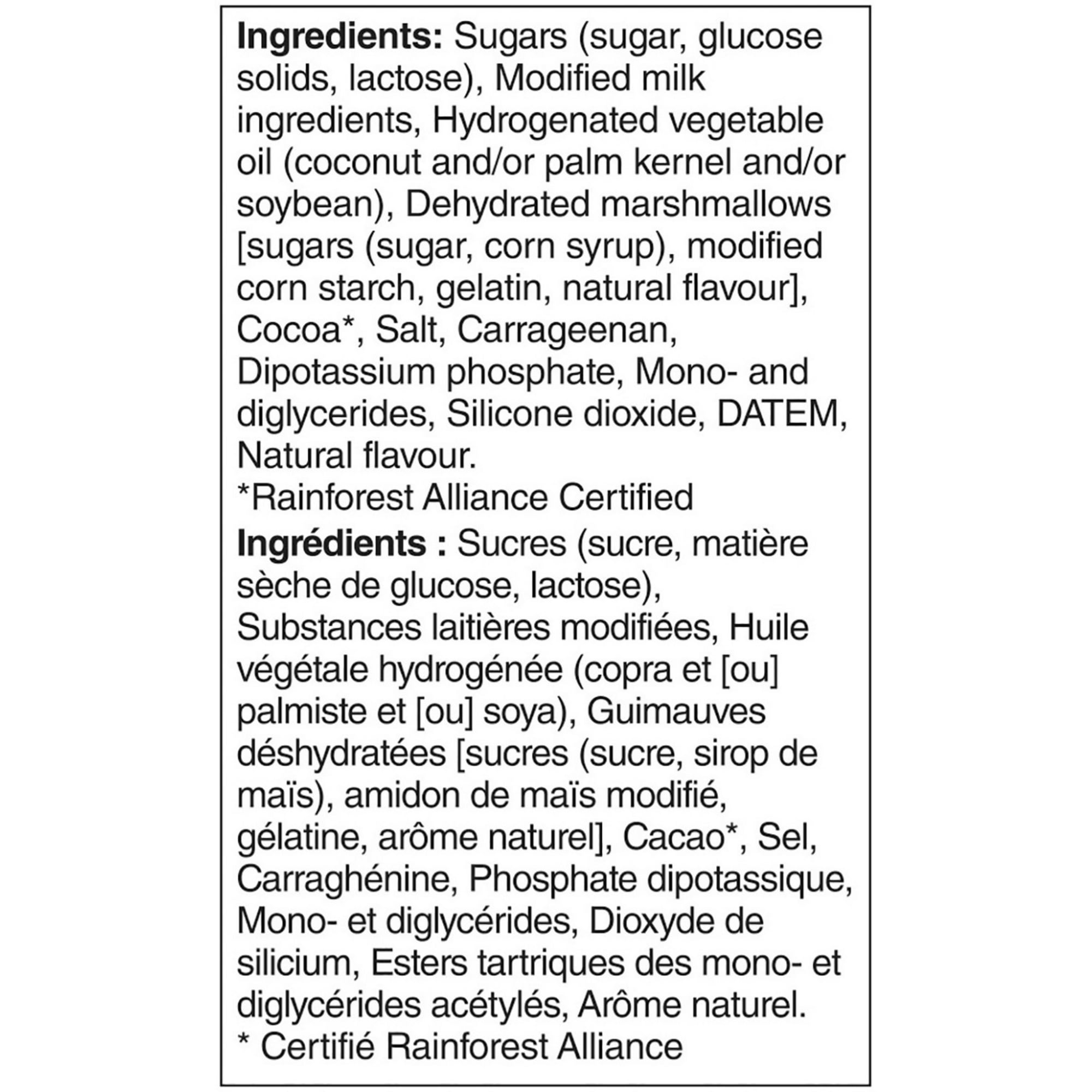 List of ingredients for Nestle Carnation Hot Chocolate Marshmallow Mix, 450g with a focus on food products, including sugars, modified milk, and cocoa.