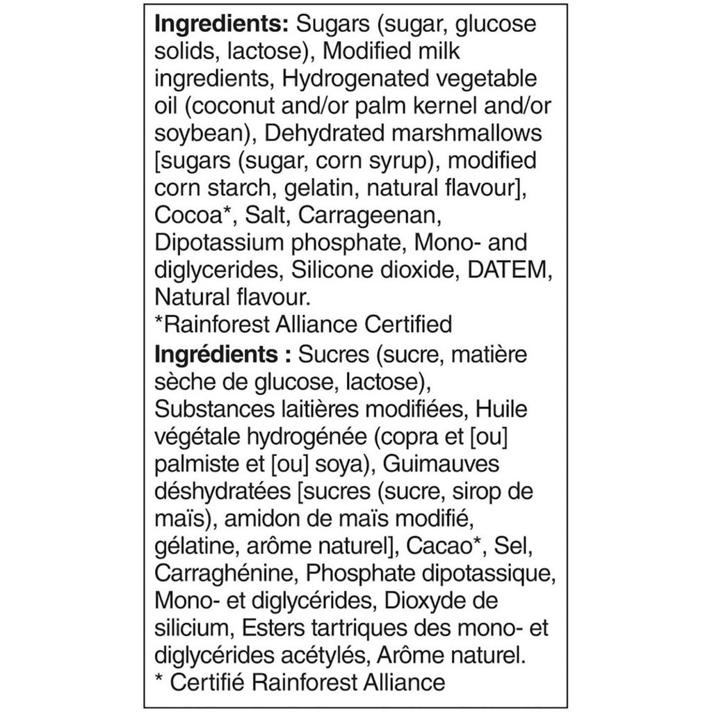 List of ingredients for Nestle Carnation Hot Chocolate Marshmallow Mix, 450g with a focus on food products, including sugars, modified milk, and cocoa.