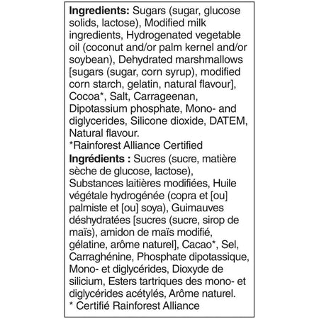 List of ingredients for Nestle Carnation Hot Chocolate Marshmallow Mix, 450g with a focus on food products, including sugars, modified milk, and cocoa.