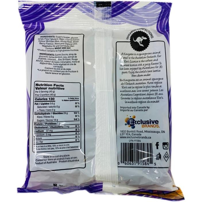 Roo's Australian Licorice Laces, Berry Flavour, 120g/4.2oz., {Imported from Canada}