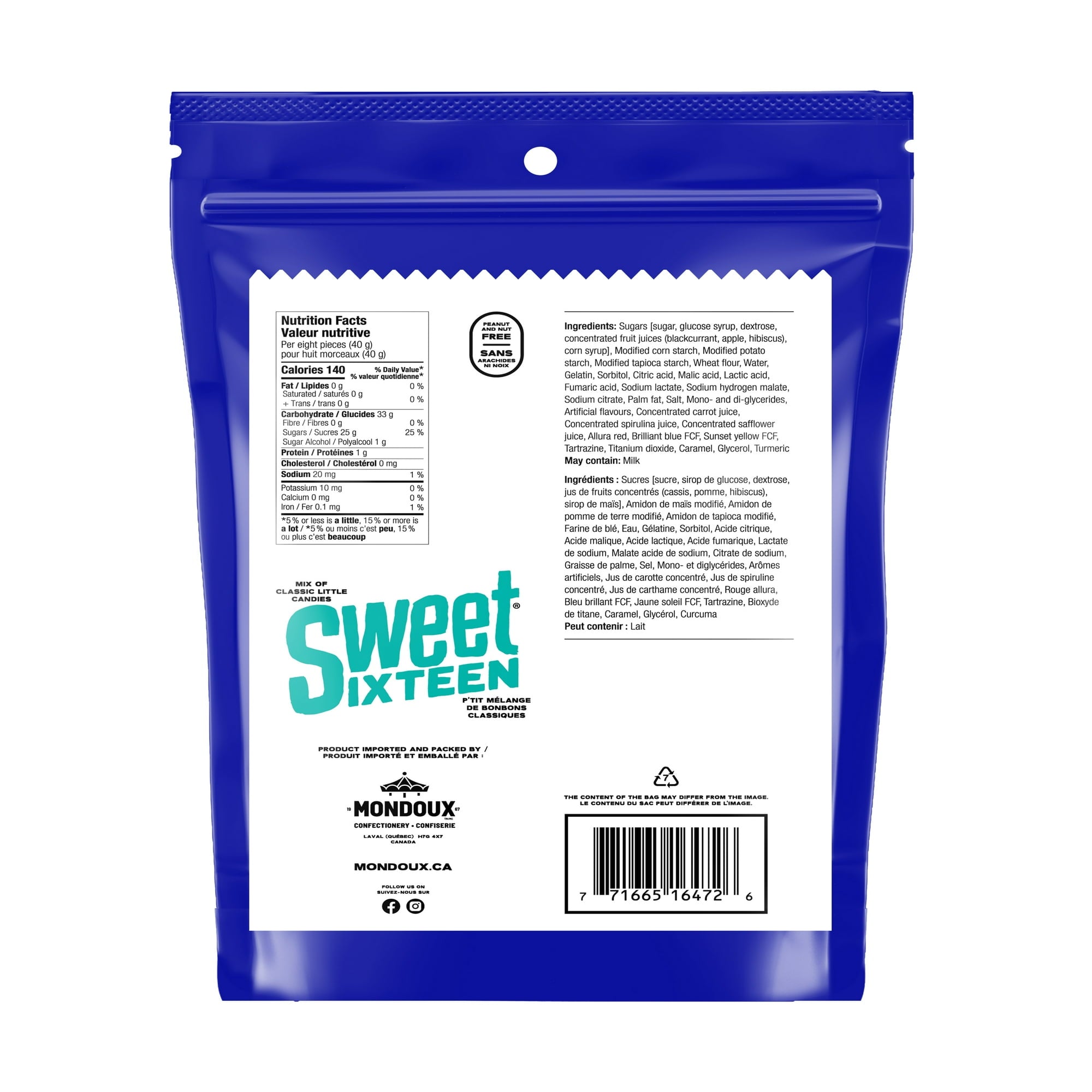 Mondoux Sweet Sixteen, Sweet And Sour Gummies, 400g, back of bag.