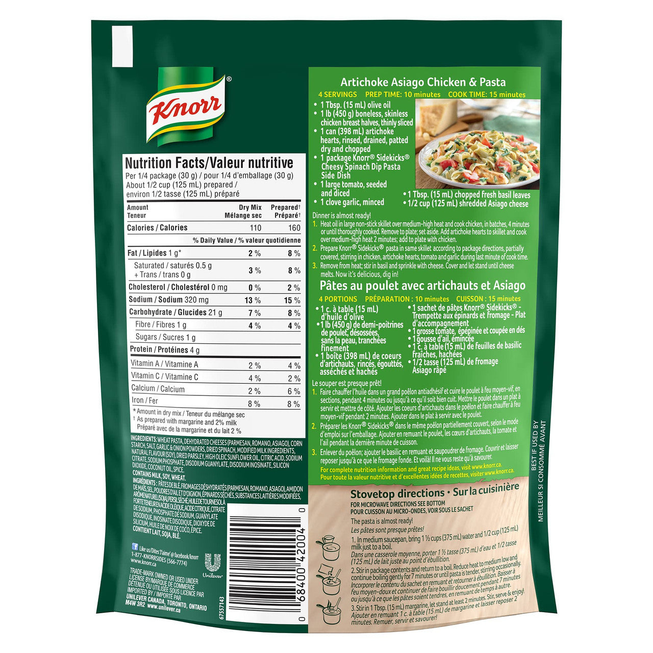 Knorr Sidekicks, Cheesy Spinach Dip Pasta, Side Dishes, 116g/4.1oz, 8ct, {Imported from Canada}