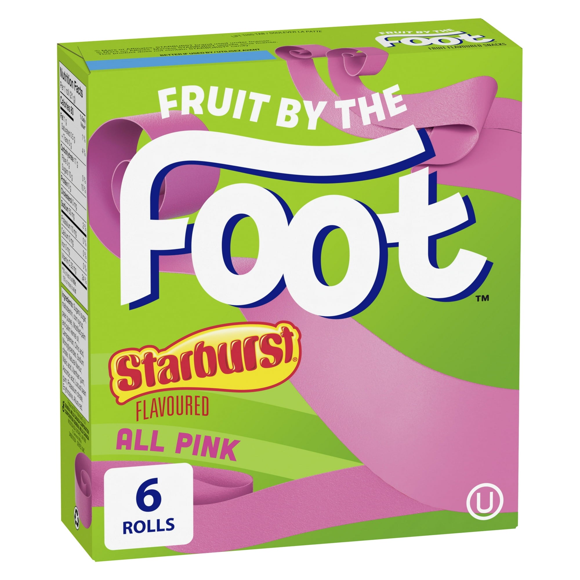 Box of Starburst Fruit by the Foot in pink flavor on a green background