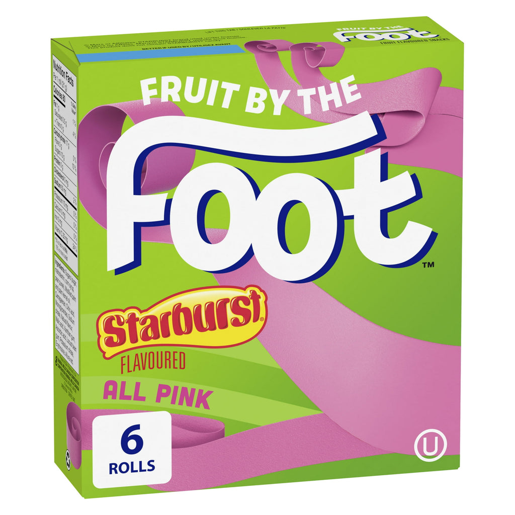 Box of Starburst Fruit by the Foot in pink flavor on a green background