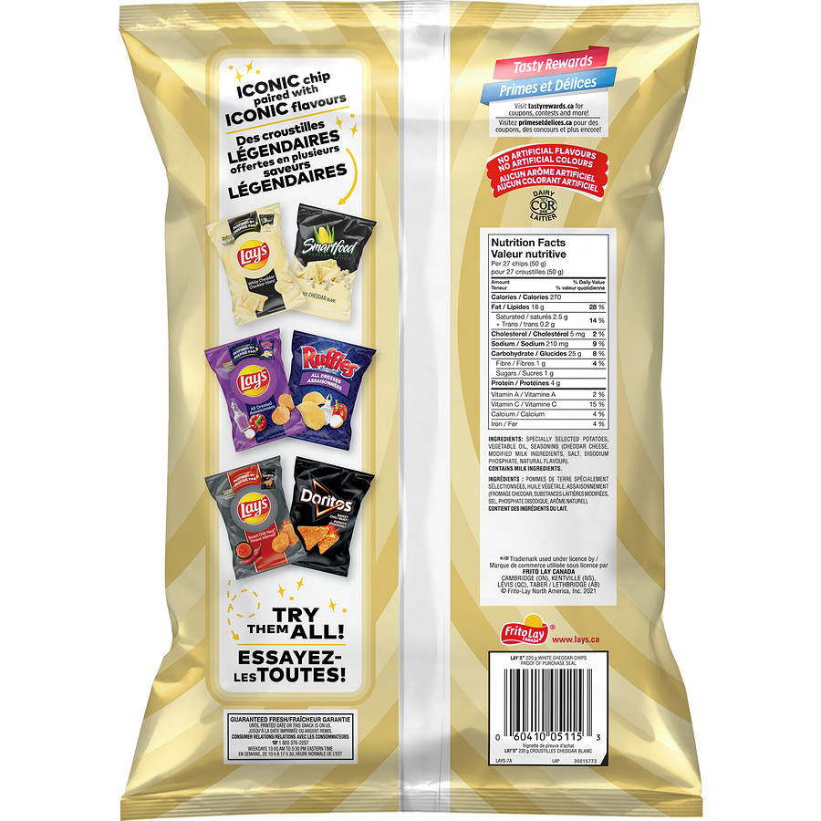 Lay's White Cheddar Potato Chips, Limited Time, 220g/7.8 oz., Bag, {Imported from Canada}