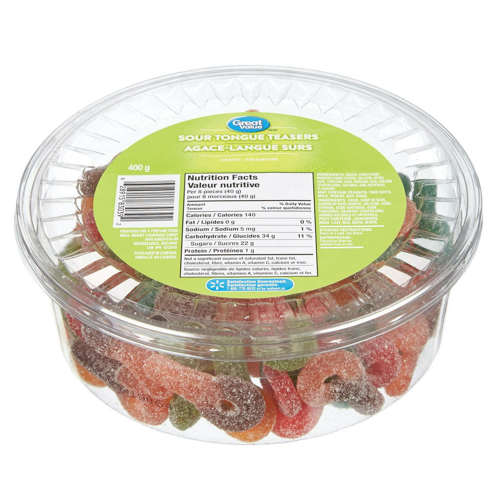 Great Value Sour Tongue Teasers Gummy Candy, 400g/14.1 oz., Tub, side of tub.