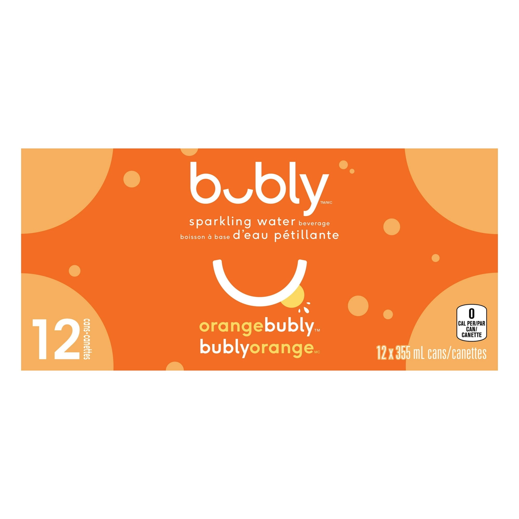 Bubly Orange Sparkling Water Beverage, 12x355ml cans, 4.26L/144 oz in French
