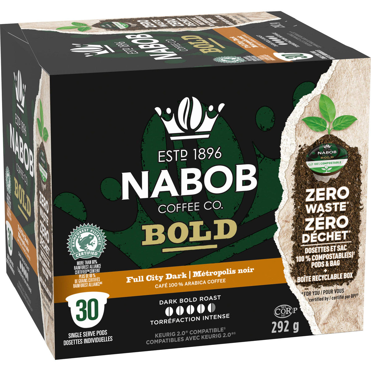 Nabob Full City Dark Coffee, 100% Compostable Pods, 4 Boxes of 30 Pods/ 120 pods total, {Imported from Canada}