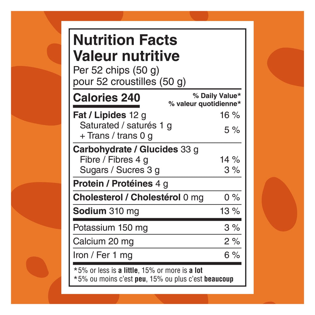 SunChips Harvest Cheddar Flavored Multigrain Snacks, 106g, nutrition facts label.