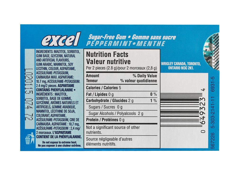 Excel Sugar-Free Pellet Gum, Peppermint, 12ct-12pk, (Imported from Canada)