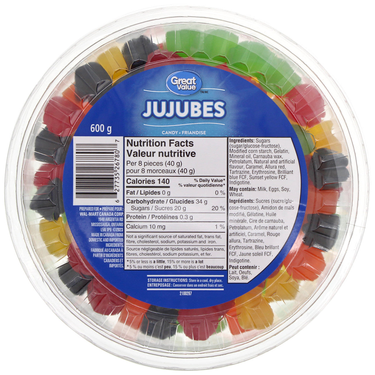 Great Value, 600g/1.3 lbs, Tub of Gummy Jujubes {Imported from Canada}