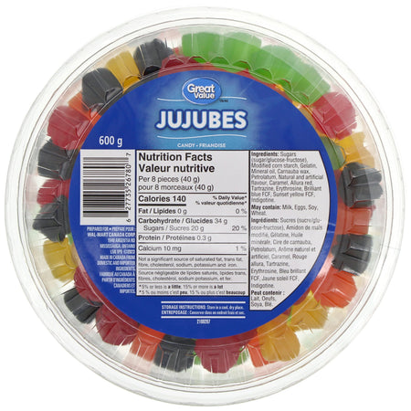 Great Value, 600g/1.3 lbs, Tub of Gummy Jujubes, front of tub.