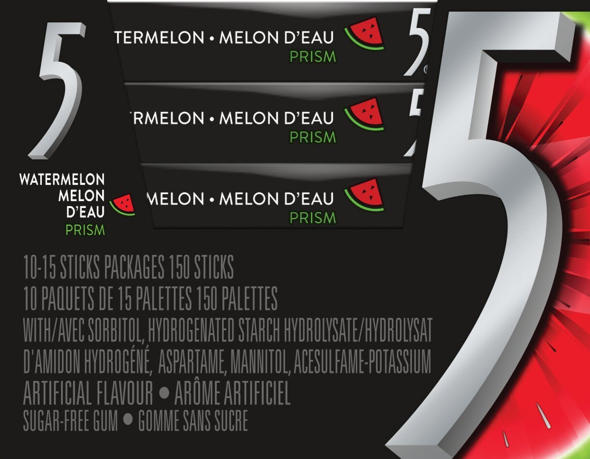 Wrigley 5 Prism Electric Watermelon Sugar Free Gum, 10ct x 15pcs, (Imported from Canada)