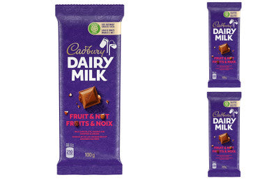 Cadbury Dairy Milk Chocolate Bar, Fruit & Nut Flavour, 100g/3.5oz per Bar, (3 Pack) {Imported from Canada}