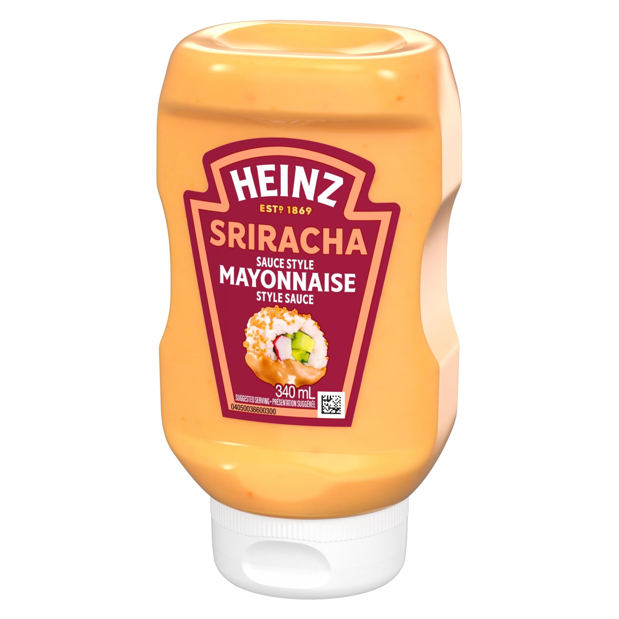 Heinz Sriracha Sauce Style Mayonnaise bottle on a white background