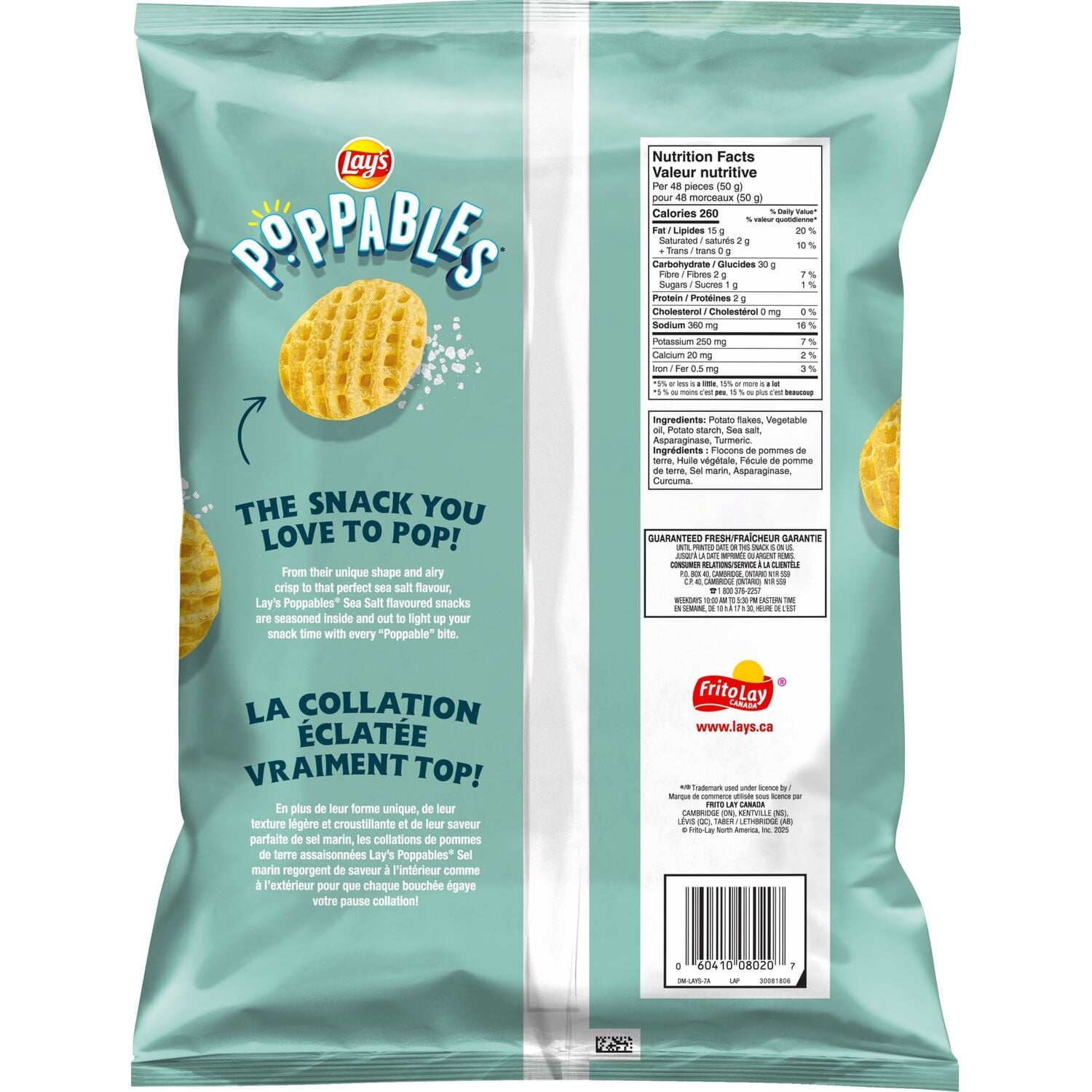 Lay's Poppables Sea Salt Potato Snack - 200g packaging with front and back views on a white background