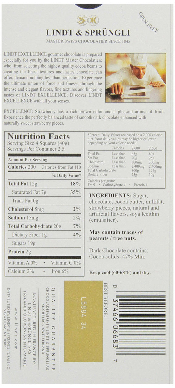 Lindt Chocolate Excellence Dark Strawberry Bar, 100g/3.5oz. (Pack of 12) {Imported from Canada}