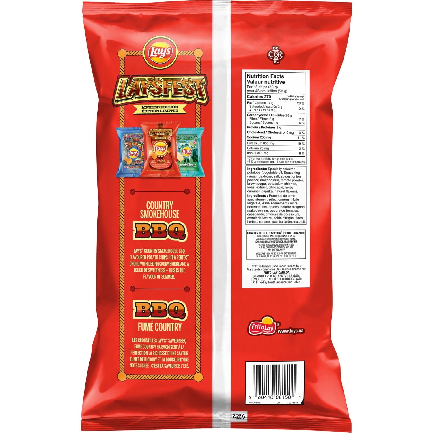 Lays LAYSFEST BBQ Potato Chips, 220g/7.8 oz - Back