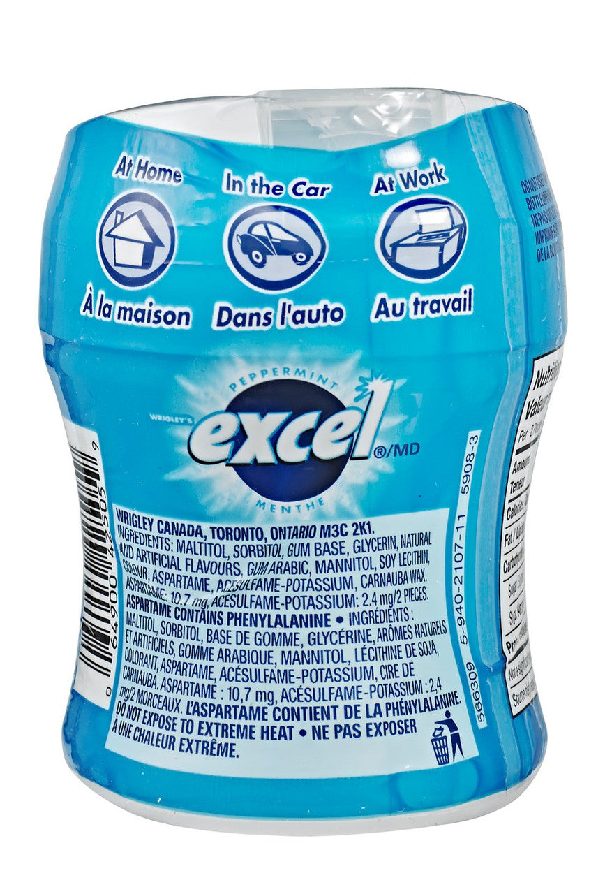 Excel Sugar-Free Gum, Peppermint, 60pc Bottle, 6 Count, {Imported from Canada}