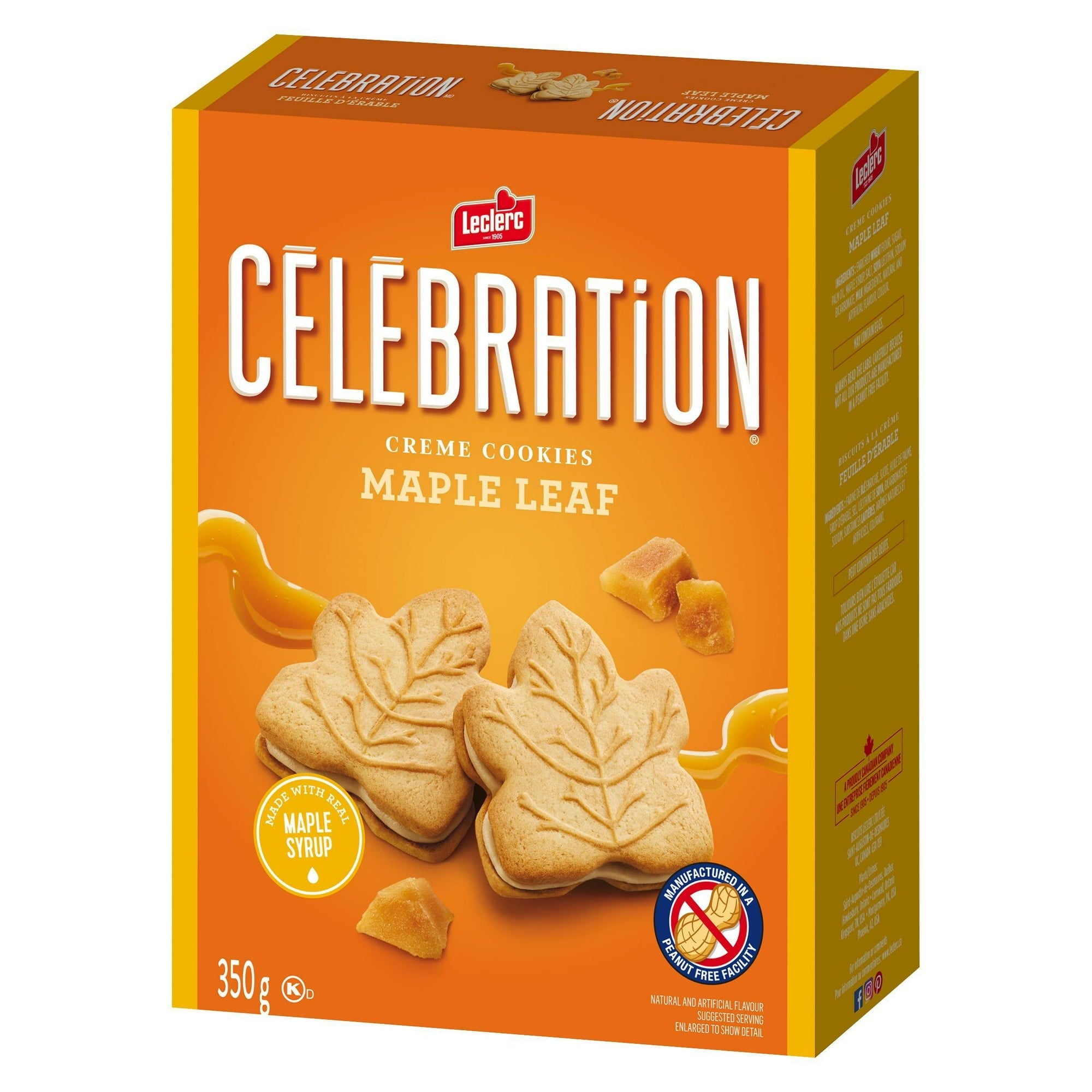 Box of Leclerc Celebration maple leaf cookies with orange background