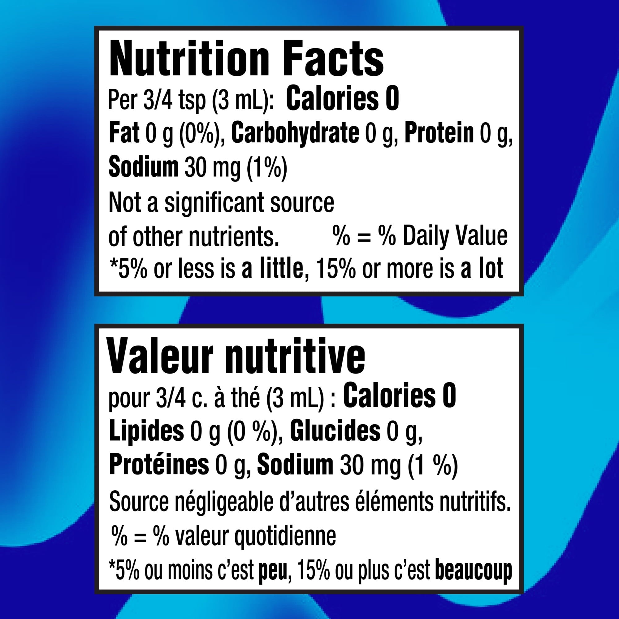 Nutrition facts label for MiO Blueberry Lemonade Liquid Water Enhancer, 48ml/1.62oz with blue abstract background