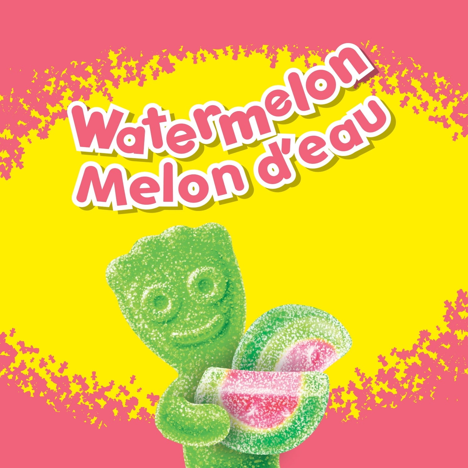 Green gummy bear holding a watermelon slice with 'Watermelon Melon d'eau' text on a pink and yellow background