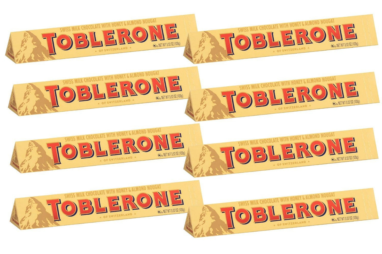 Toblerone Swiss Milk Chocolate with Honey and Almond Nougat, 100 gram/3.52 Ounce (Pack of 8)