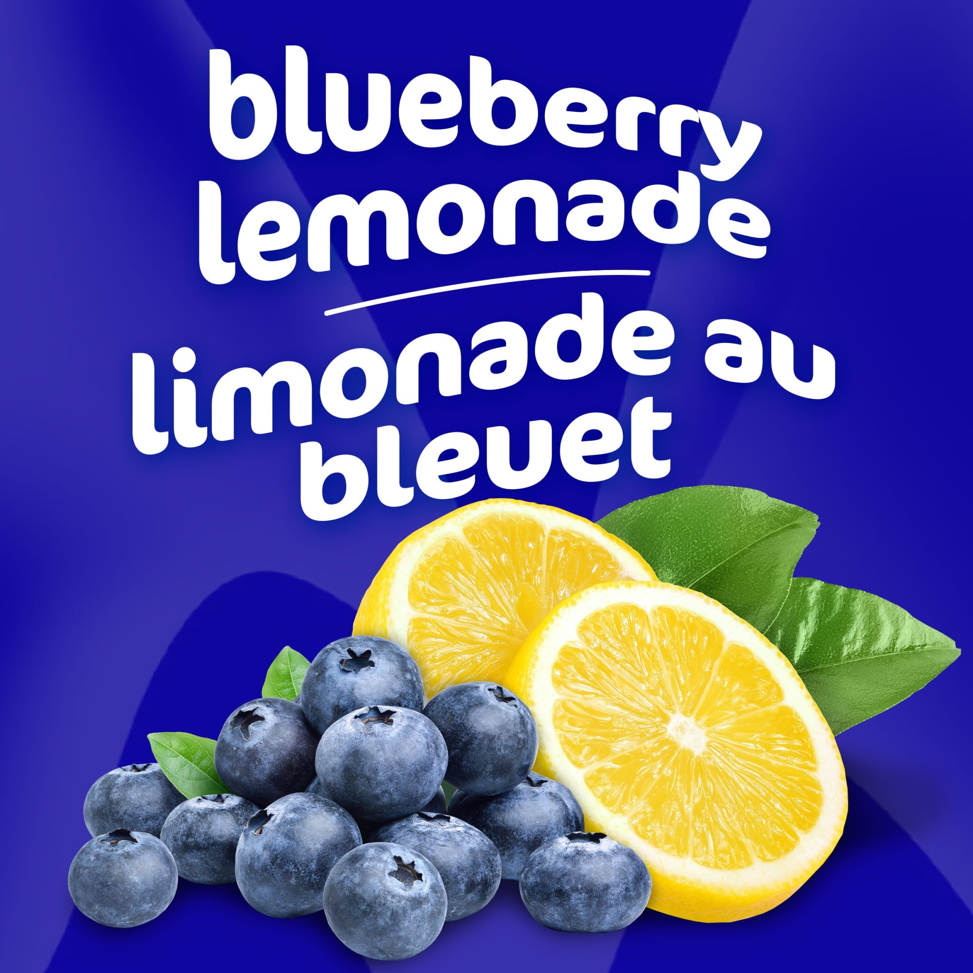 Blueberry lemonade advertisement with blueberries and lemons on a blue background