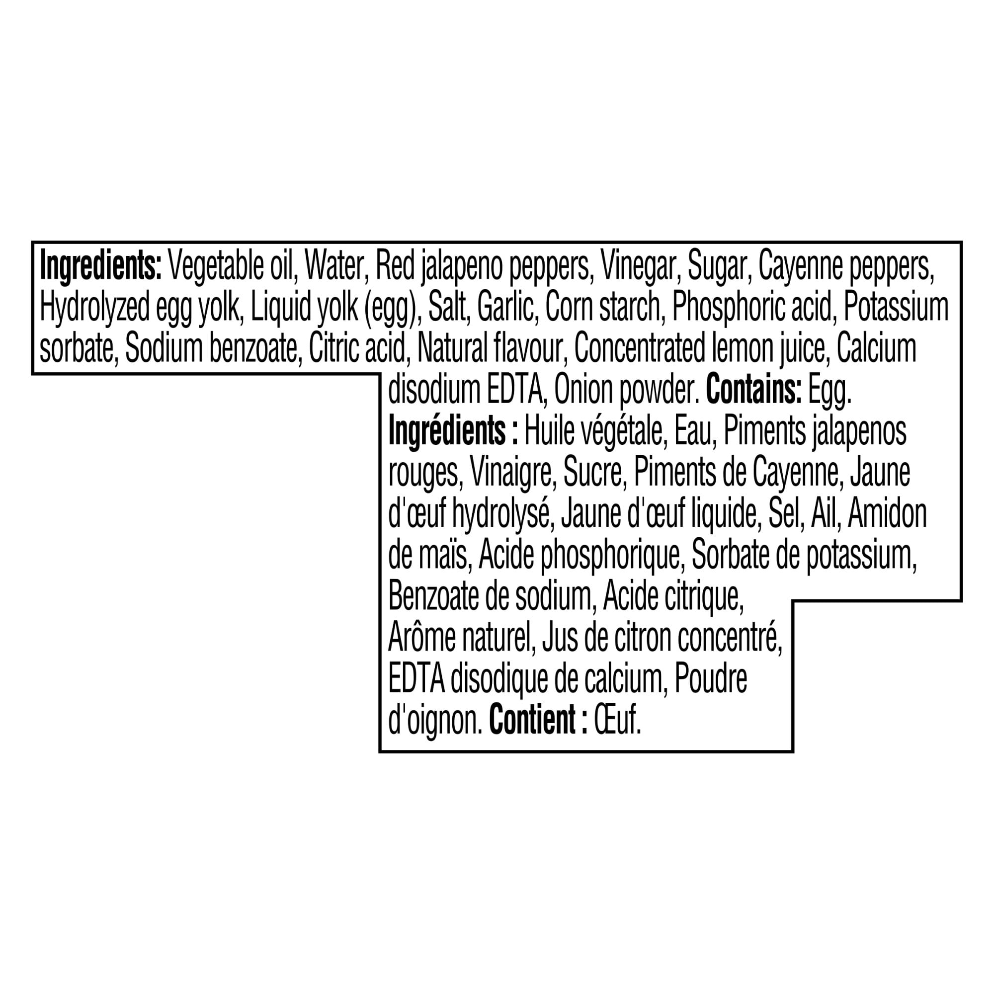 Ingredients list for Heinz Sriracha Mayonnaise Sauce 340ml on a white background