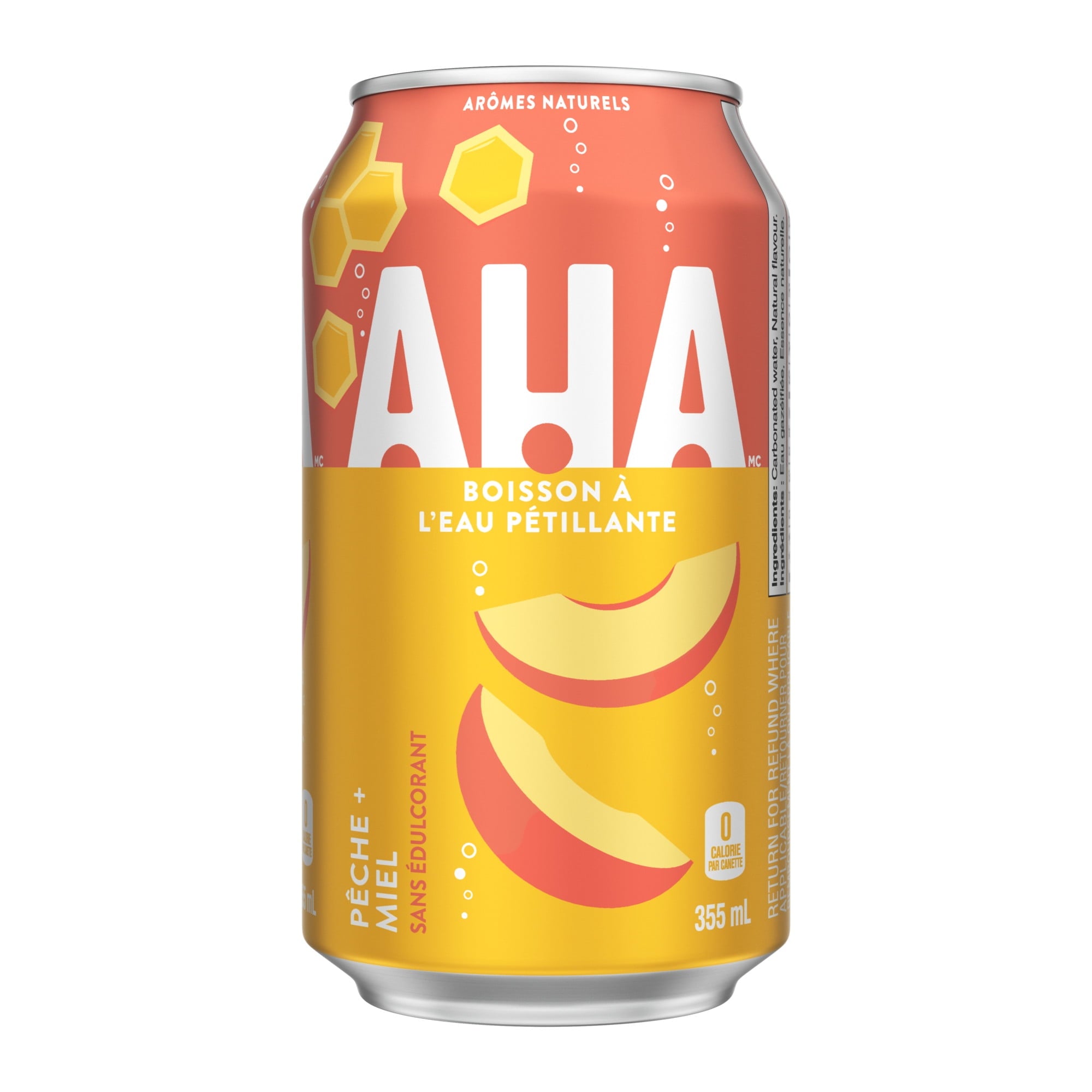 AHA sparkling water can with peach flavor on a white background