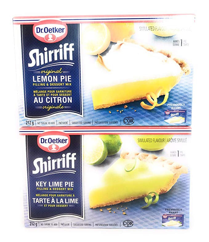 Dr Oetker Pie Filling Includes:1 Lemon Pie Filling 212g/7.5 oz., 1 Key Lime Pie Filling 212g/7.5 oz., (Imported from Canada)