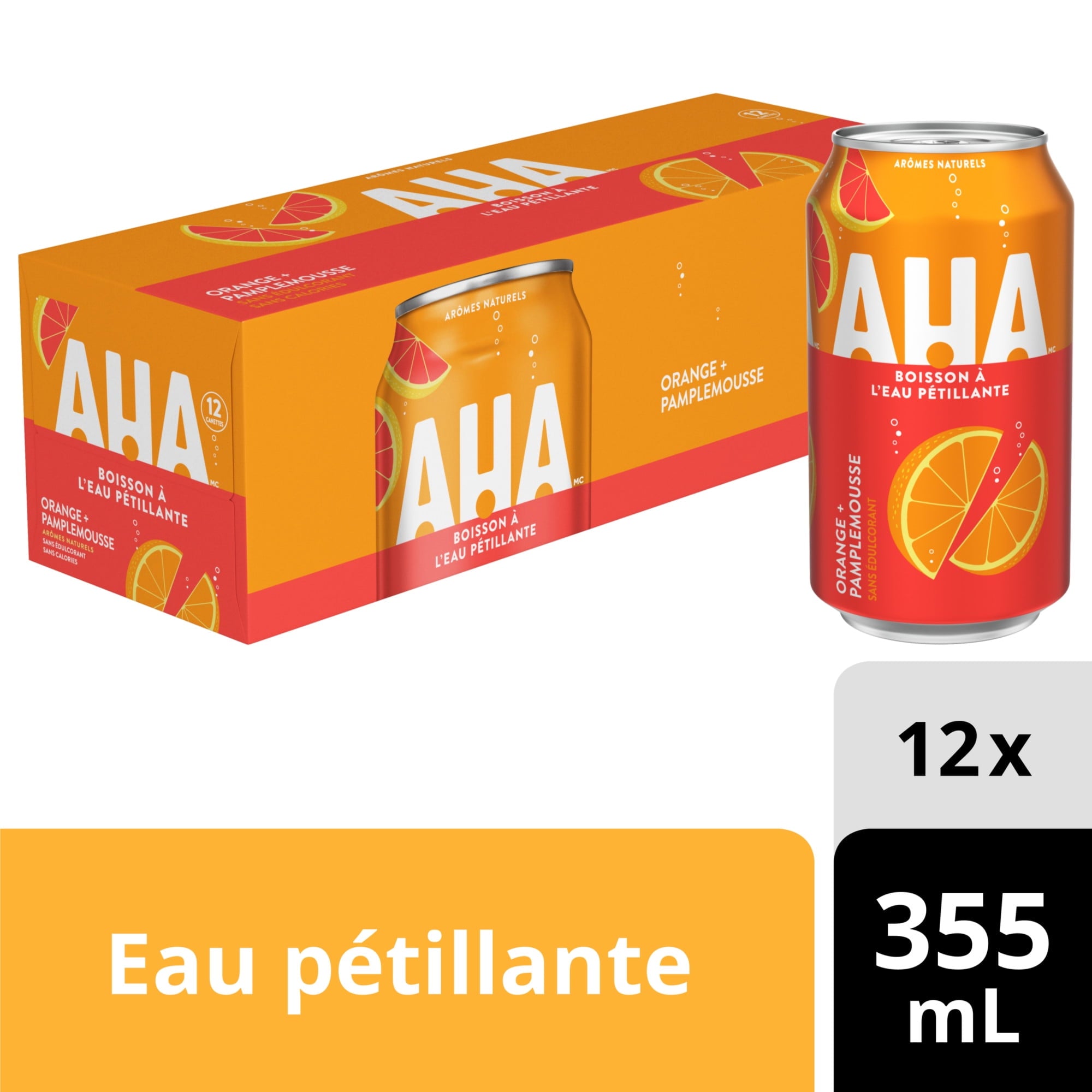 AHA sparkling water orange pamplemousse flavor can and box packaging on a white background