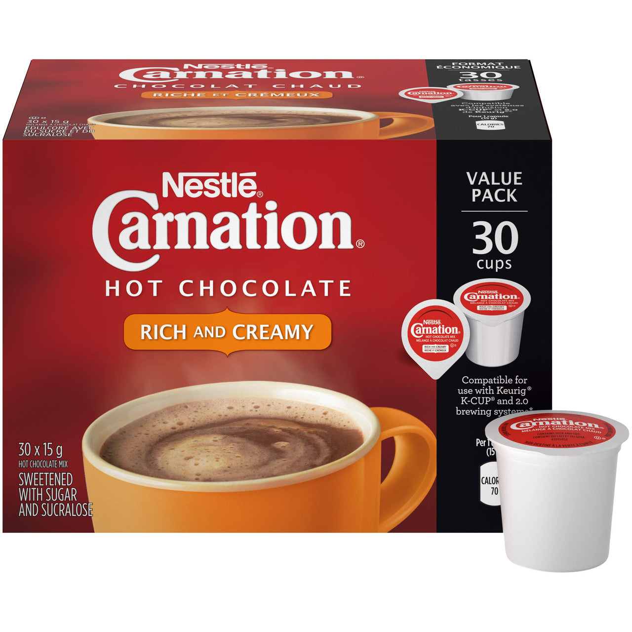 Nestle Carnation Rich and Creamy Hot Chocolate Keurig Compatible K-Cup Capsule Pods, 30 x 15g, 30 cups {Imported from Canada}