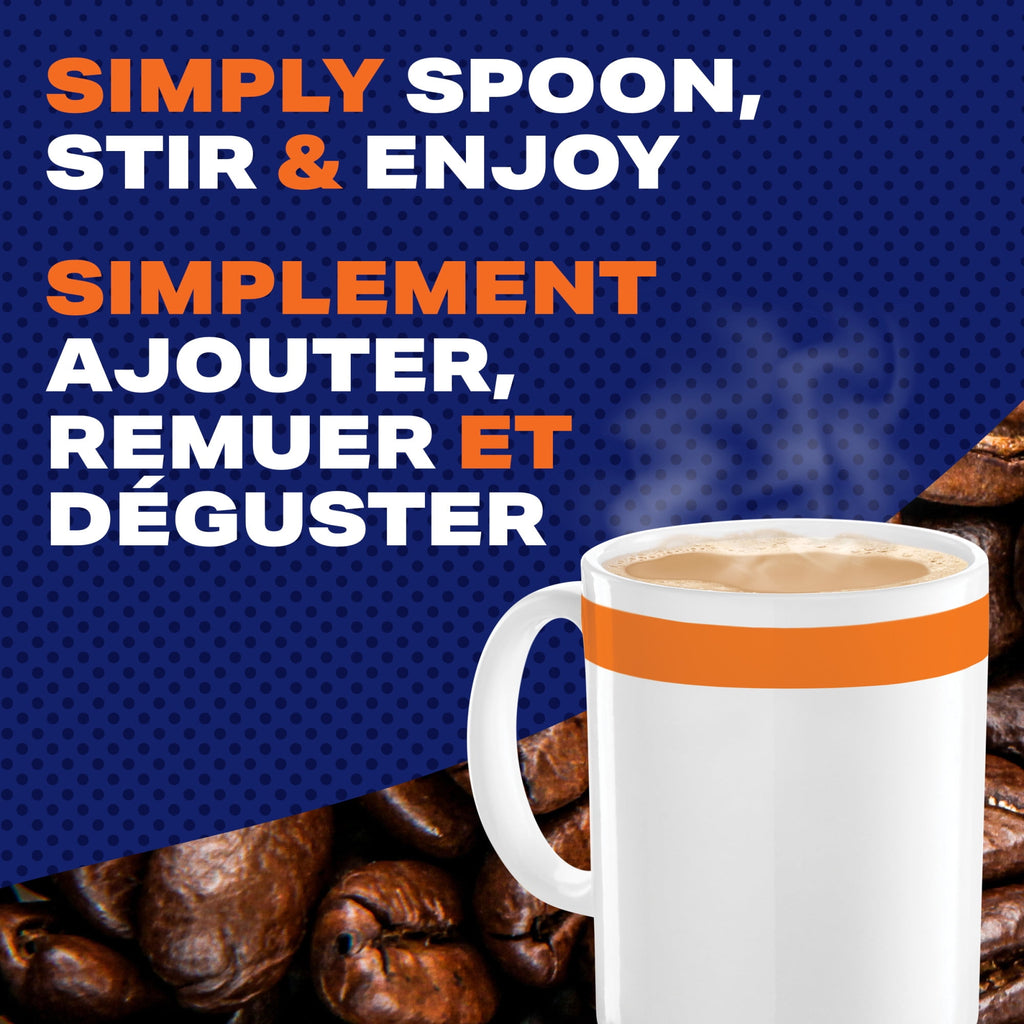 White mug with orange rim on coffee beans against a blue background with text about coffee preparation.