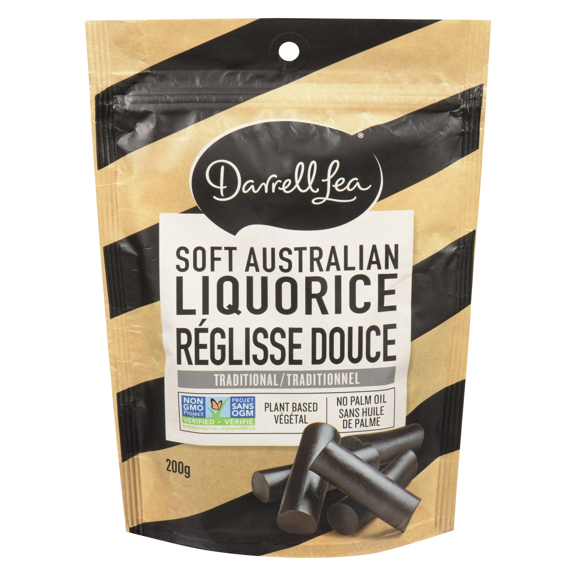 Darrell Lea Soft Australian Plant Based Licorice, Original Flavor, 200g, front of bag.