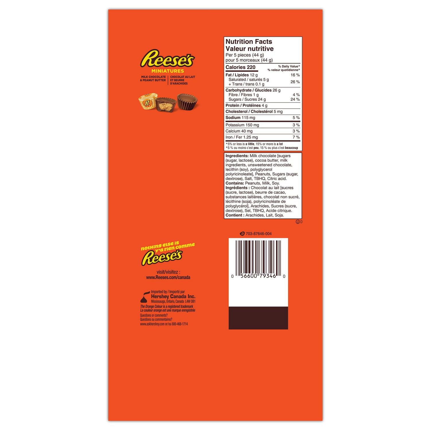 Reese's Milk Chocolate & Peanut Butter Miniatures - Sharing Format , 900g/2 lbs., Bag, nutrition facts & ingredients label.