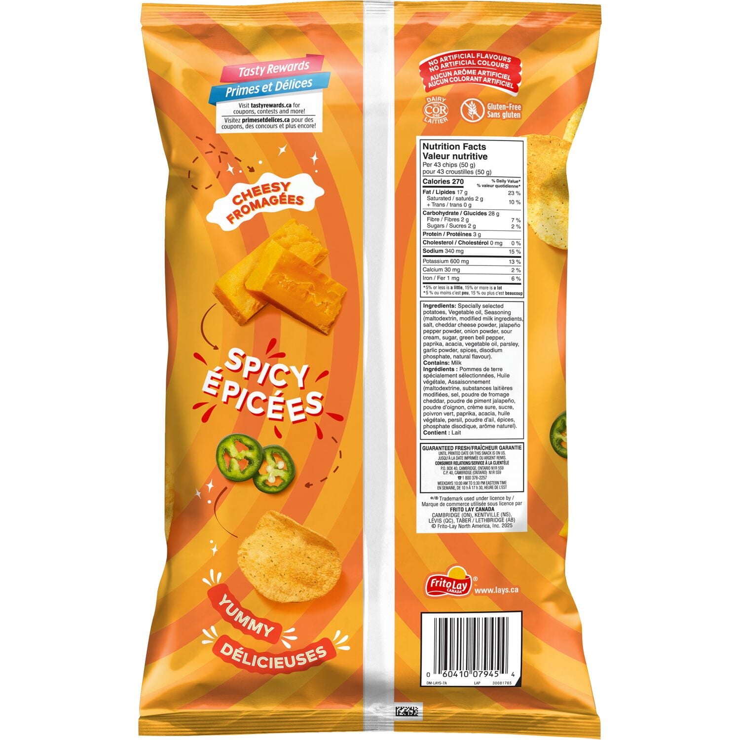 Lay's Cheddar Jalapeno Potato Chips 220g/7.7 oz with branding and nutritional information on a white background