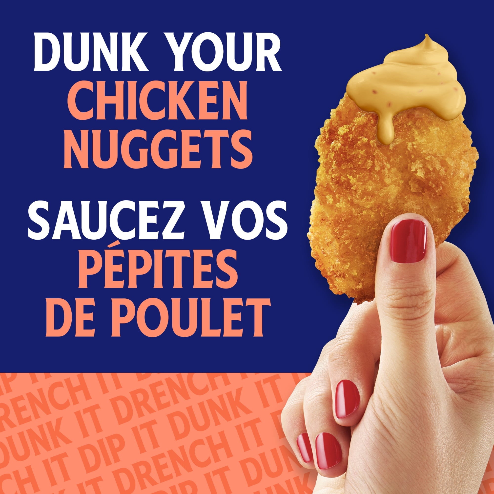 Hand holding a chicken nugget with mustard against a blue background, featuring text about dunking chicken nuggets.