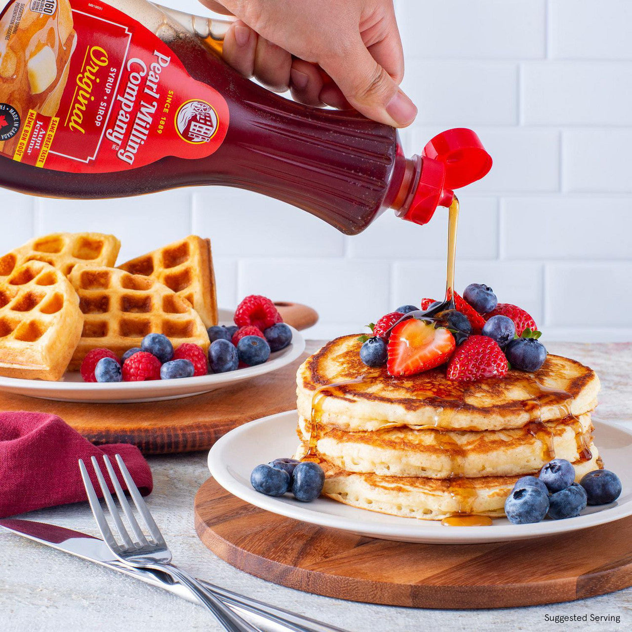 Pearl Milling Company Pancake & Waffle Syrup, Original - 710ml (24.8 fl. oz) Bottle with pancakes