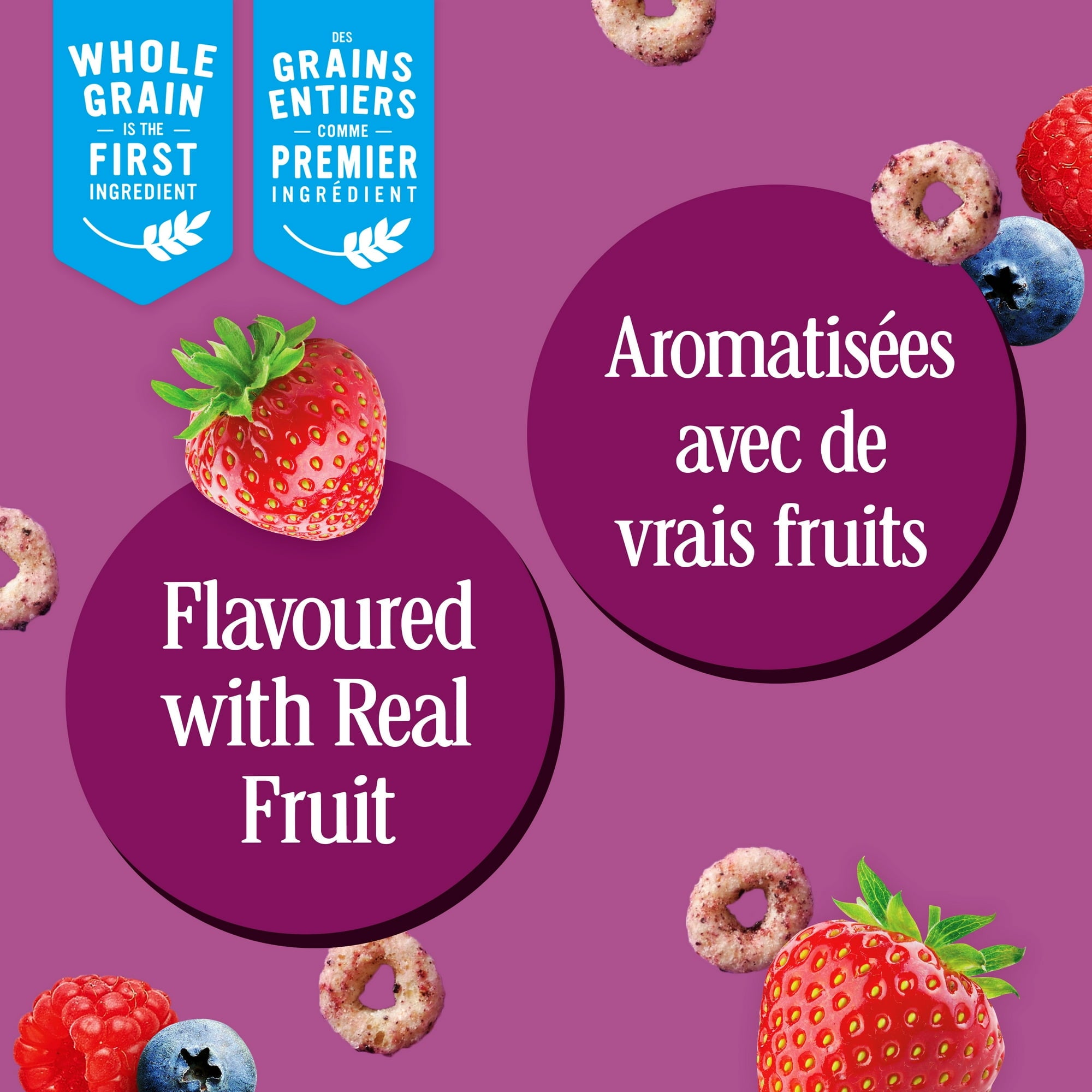 Cereal packaging with strawberries, blueberries, and cereal loops on a purple background.