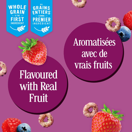 Cereal packaging with strawberries, blueberries, and text on a purple background
