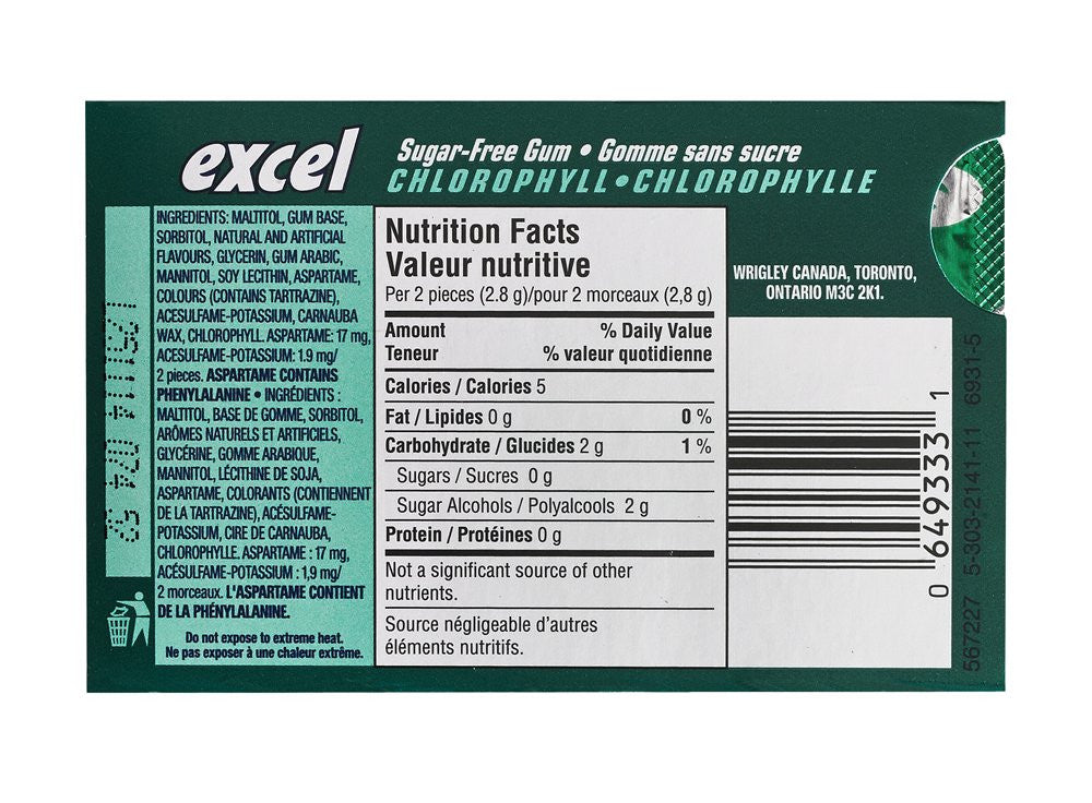 Excel Sugar-Free Gum, Chlorophyll, 12 Count {Imported from Canada}