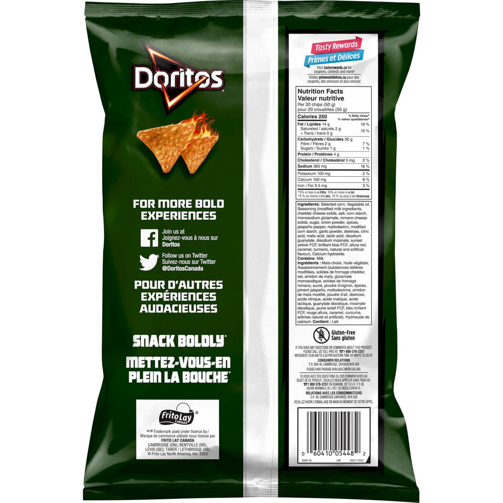 Doritos Jalapeno & Cheddar Tortilla Chips, 235g, back of bag.