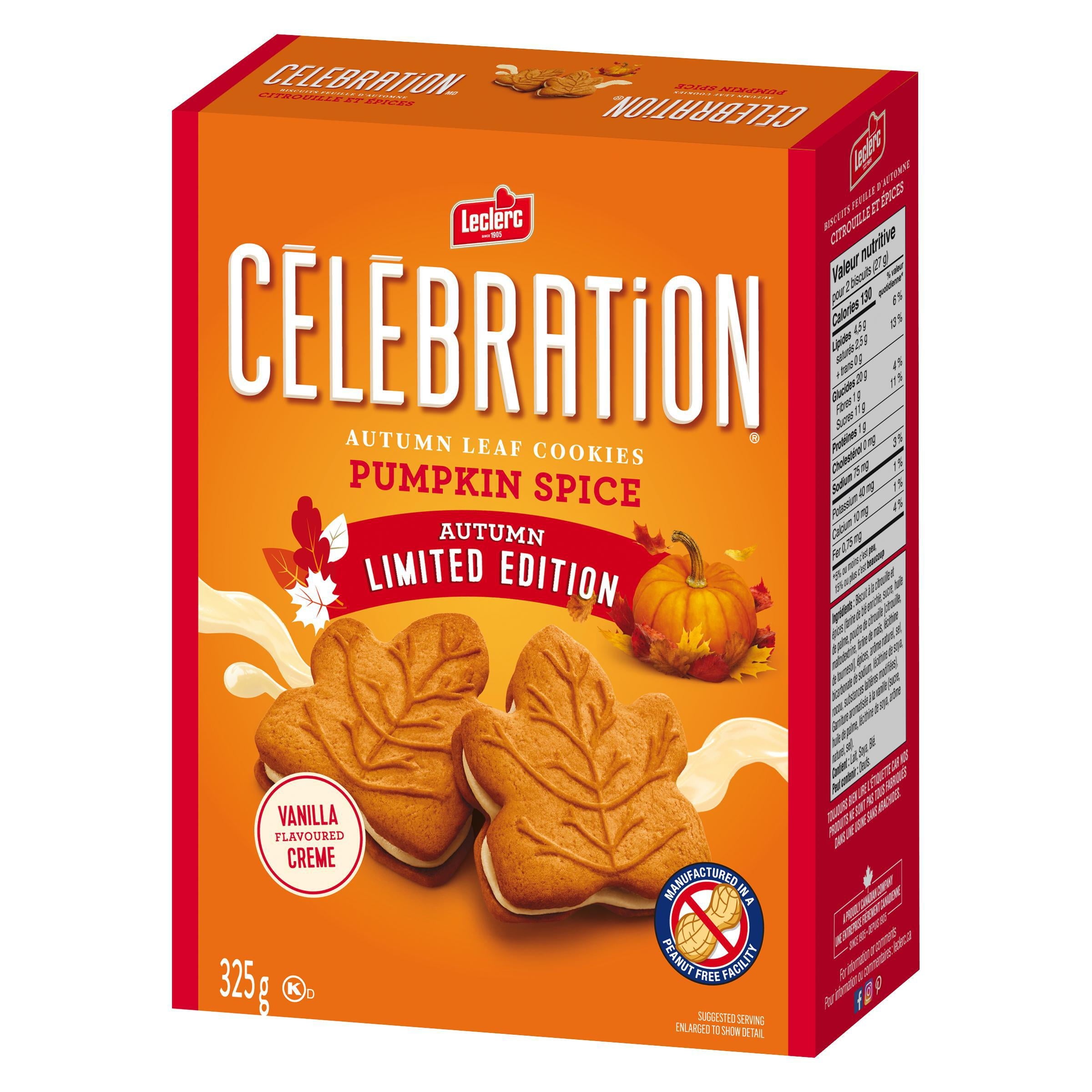 Leclerc Celebration Autumn Leaf Pumpkin Spice Flavored Cookies, 325g/11.4 oz. Box {Imported from Canada}